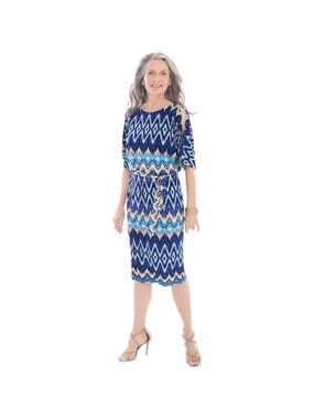 Chico's Women's Blue Multicolor Nouveau Ikat Dress, Slit Sleeves Size 1 (M)